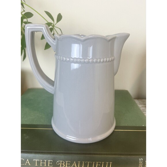 Vintage Gray Farmhouse Ceramic Scalloped Water Pitcher / Country 7.5” USA - Picture 3 of 9